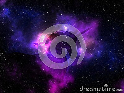 3D unicorn on a solar system background with colourful nebula Stock Photo