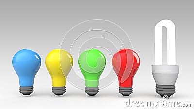 3d unique fluorescent bulb with traditional bulbs Stock Photo