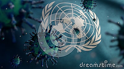 3D, United Nations flag waving with Coronavirus outbreak. UN and Covid19 concept Editorial Stock Photo