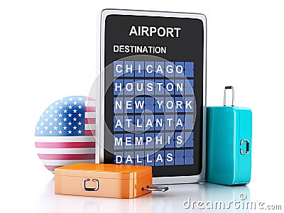 3d united states airport board and travel suitcases on white ba Cartoon Illustration