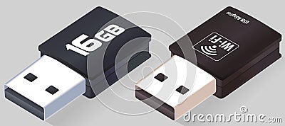 Isometric USB flash drive. Wi-Fi Adapter. Realistic Pen drives. Flash disk. Opened memory sticks isolated on gray background in 3D Vector Illustration