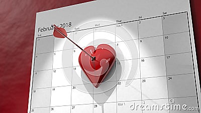 3D Valentine`s Day Calendar with Arrow Pinned Heart Cartoon Illustration