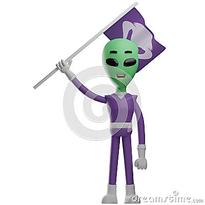 3D Valiant Alien Cartoon Character lift a flag Stock Photo