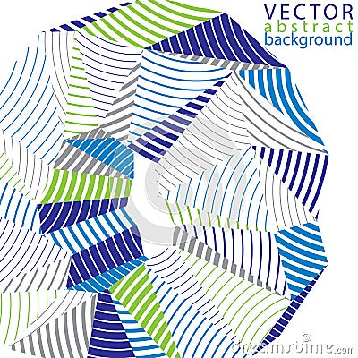 3D vector abstract design object, polygonal complicated background. Colorful three-dimensional deformed striped shape, render. Vector Illustration