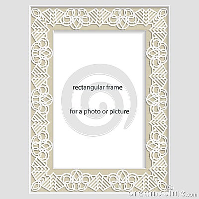 3D Vector bas-relief rectangular frame for photo or picture, vintage vignette with openwork border, festive pattern Vector Illustration