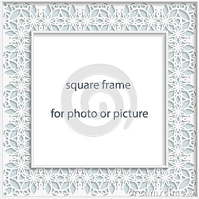 3D Vector bas-relief square frame for photo or picture, vintage vignette with openwork border, festive pattern, gift template Vector Illustration