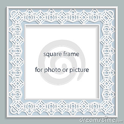 3D Vector bas-relief square frame for photo or picture, vintage vignette with openwork border, festive pattern, gift template Vector Illustration