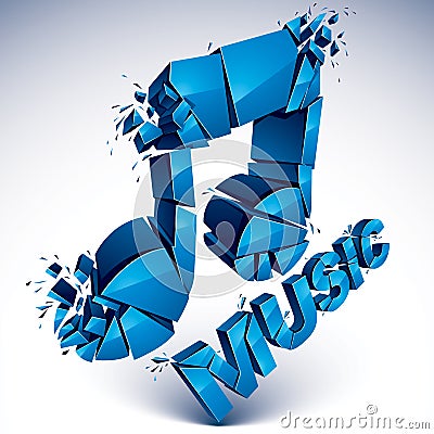 3d vector blue shattered musical notes with music word. Art melody transform symbol broken into pieces. Vector Illustration