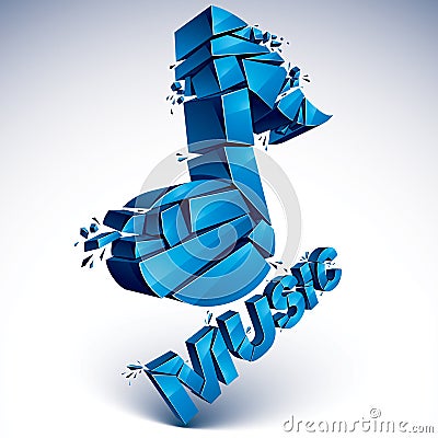 3d vector blue shattered musical notes with music word. Art melody transform symbol broken into pieces. Vector Illustration
