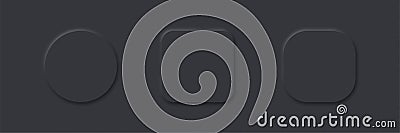 3D vector buttons neumorphic design. Geometric shapes: circle, square, .rectangle on dark, black background with light shadows. Stock Photo