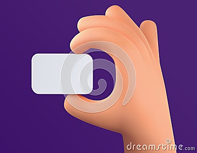 3d vector cartoon human hand holding white empty card. Businessman hand holding label or tag on dark background Vector Illustration