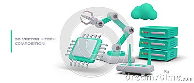 3D vector composition of hightech. Hand manipulator, microprocessor, cloud, server, router Vector Illustration