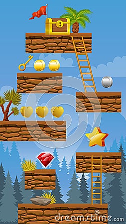 2D Vector Game Background With Floating Platform In Forest Scene For Mobile Game Vector Illustration