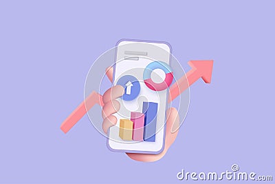 3D vector hand holding mobile isolated on pastel purple background. Hand using funding business graph on application under Vector Illustration