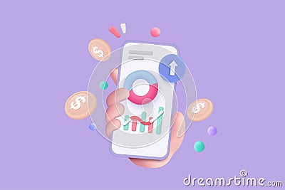 3D vector hand holding mobile isolated on pastel purple background. Hand using funding business graph on application under Vector Illustration