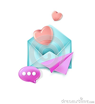 3d vector icon of an open letter in an envelope, a postal letter with a pink heart, an airplane, a message Realistic elements for Vector Illustration
