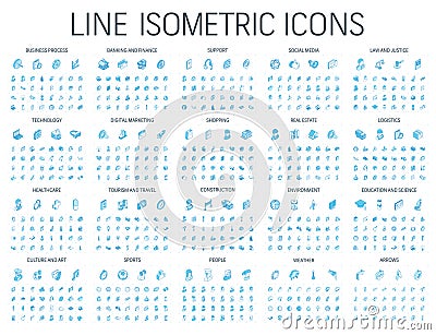 3d Vector. Illustration of isometric line icons for business, bank, social media, logistics, market, internet technology Vector Illustration