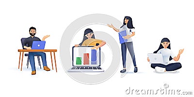 3D vector illustration set of isolated people with computers at workplace virtual video conference call and meeting Vector Illustration