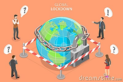 3D Vector Isometric Concept of Global Lockdown. Vector Illustration