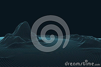 3D Vector landscape. Abstract digital landscape with particles dots and stars on horizon. Wireframe landscape background Vector Illustration