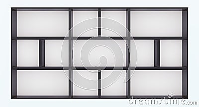3D vector mockup of black empty cabinet with shelves on white wall Vector Illustration