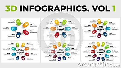 3D Vector Perspective Infographics Pack. Cycle diagrams.Presentation slide template. Circle columns with shadows. Vector Illustration