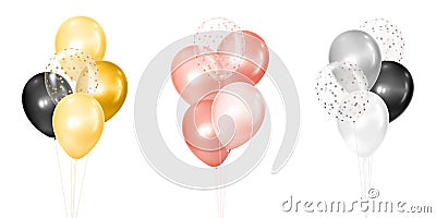 3d vector realistic golden, rose and silver bunches of helium balloons isolated on white background. Decoration element Vector Illustration