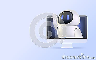 3d Vector Robot chatbot, artificial intelligence in computer screen. Technology and engineering concept. LLM, big data Vector Illustration