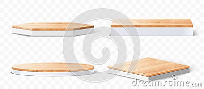 3D Vector set of wood pedestals podium, Abstract geometric empty stages wooden exhibit displays Vector Illustration