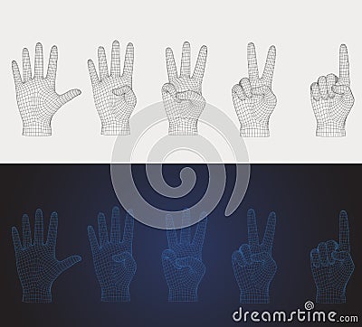 3D vector wireframe counting hand pose set in various style Vector Illustration