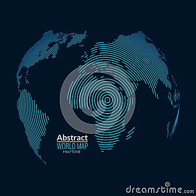 3d vector world map globe planet, lines, global radial halftone concept. Vector Illustration