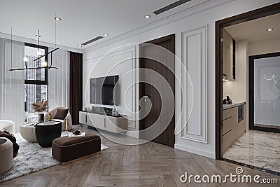 3D View From Smart Living Space, Kitchen where placement Functional Furniture Stock Photo