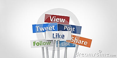 3D View Tweet Like Follow Post Link Share street signs illustration design on white gray background Cartoon Illustration