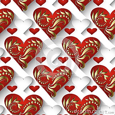 3d vintage love hearts vector seamless pattern. Ornamental elegance valentines day background. Gold hand drawn flowers, leaves, s Vector Illustration