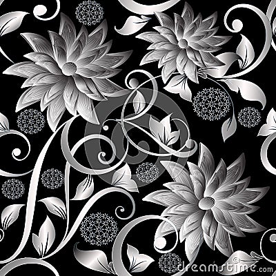 3d vintage silver flowers seamless pattern. Vector floral background. Hand drawn abstract blossom Vector Illustration