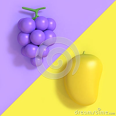 Violet-purple grape and yellow mango cartoon style minimal two tone background 3d render Stock Photo