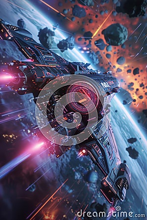 A 3D virtual newsfeed screen displaying interstellar exploration updates with a clear zone for editorial content Stock Photo