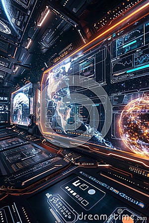 A 3D virtual newsfeed screen displaying interstellar exploration updates with a clear zone for editorial content Stock Photo