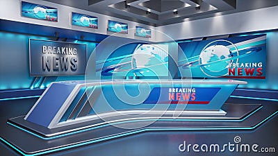 3D Virtual TV Studio News, Backdrop For TV Shows. TV On Wall. Stock Photo