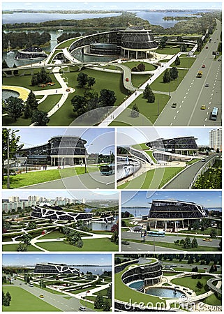 3D visualization of the eco building with bionic form and energy-efficient technologies. Stock Photo