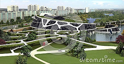 3D visualization of the eco building with bionic form and energy-efficient technologies. Stock Photo