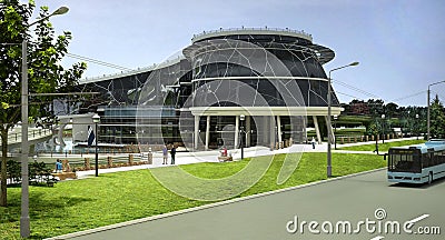 3D visualization of the eco building with bionic form and energy-efficient technologies. Stock Photo