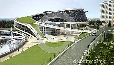 3D visualization of the eco building with bionic form and energy-efficient technologies. Stock Photo