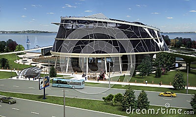 3D visualization of the eco building with bionic form and energy-efficient technologies. Stock Photo