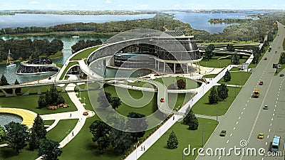 3D visualization of the eco building with bionic form and energy-efficient technologies. Stock Photo