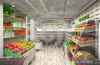 3d visualization of food store. The interior in the loft style Stock Photo