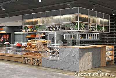 3D visualization of the interior of the grocery store. Design in loft style. Stock Photo