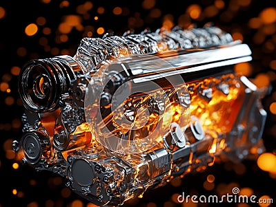 3d visualization of a v8 engine with chrome block and dynamic spark undercuts on dark background Stock Photo