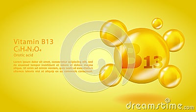 3D Vitamin molecule B13 Orotic acid design. Realistic B13 Orotic acid Vitamin drop. Yellow nutrition complex Vector Illustration