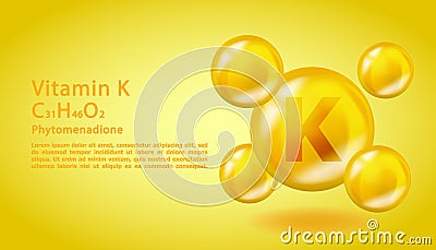 3D Vitamin molecule K Phylloquinone design. Realistic K Phylloquinone Vitamin drop. Yellow nutrition complex Vector Illustration